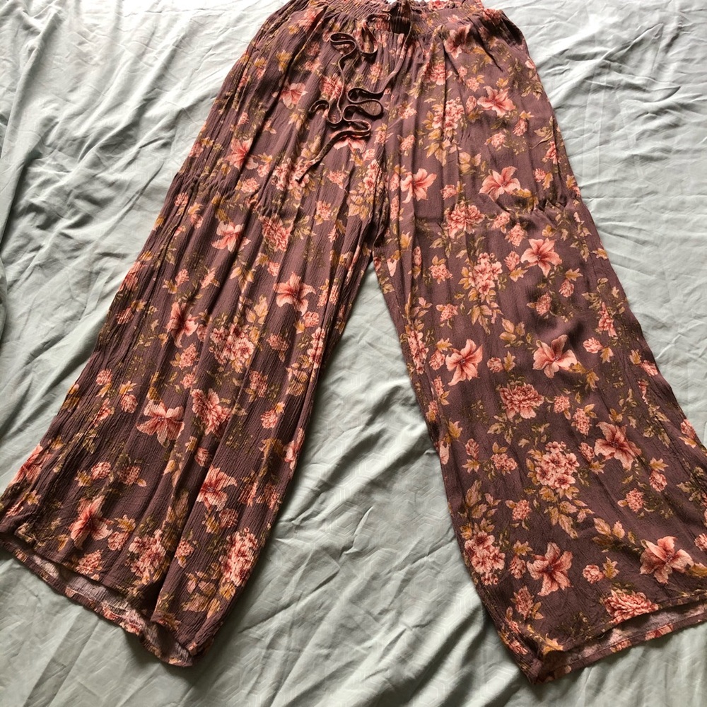 American Eagle Outfitters Floral Wide Leg Pants - Brown and Pink